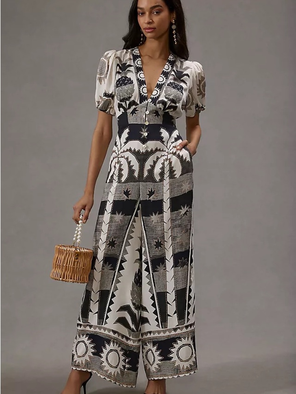 Farm Rio Puff Sleeve Linen Jumpsuit